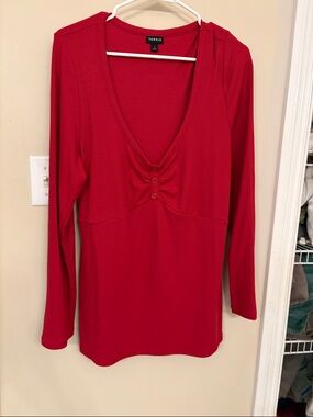 torrid Red Ribbed V-Neck Long Sleeve Tee with Button Detail